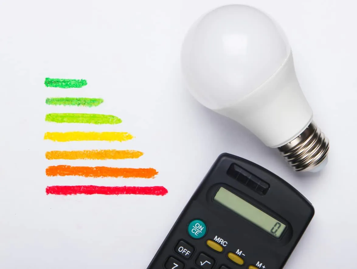 Das neue Energielabel neben einer LED-Lampe und einem Taschenrechner